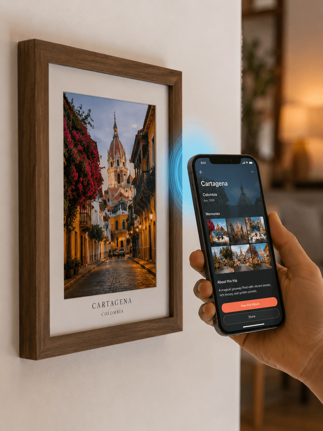 Photo frame on wall with NFC tag and phone scanning
