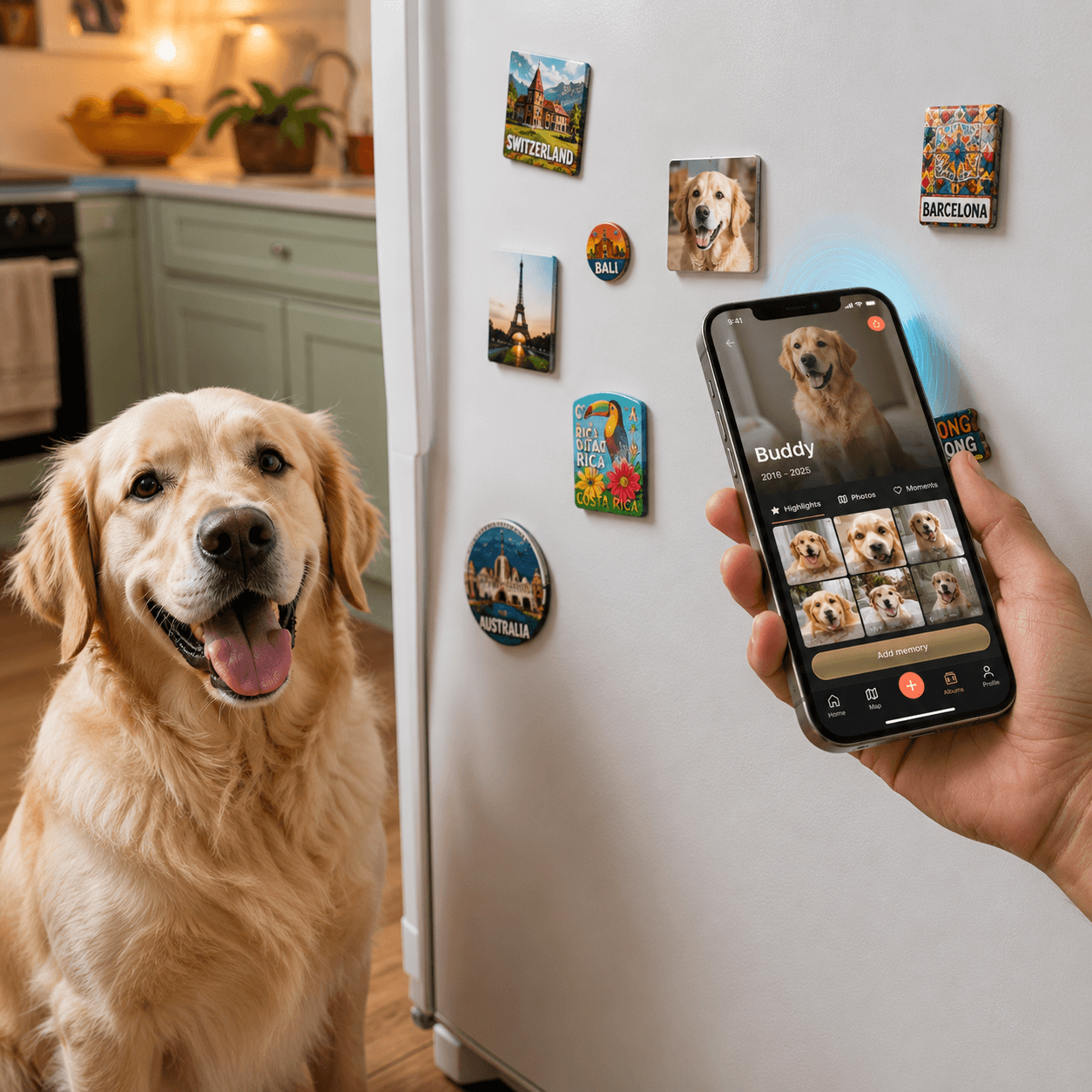 Pet memories with NFC fridge magnet