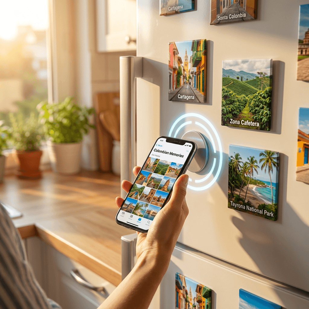 Fridge with travel magnets being scanned with phone