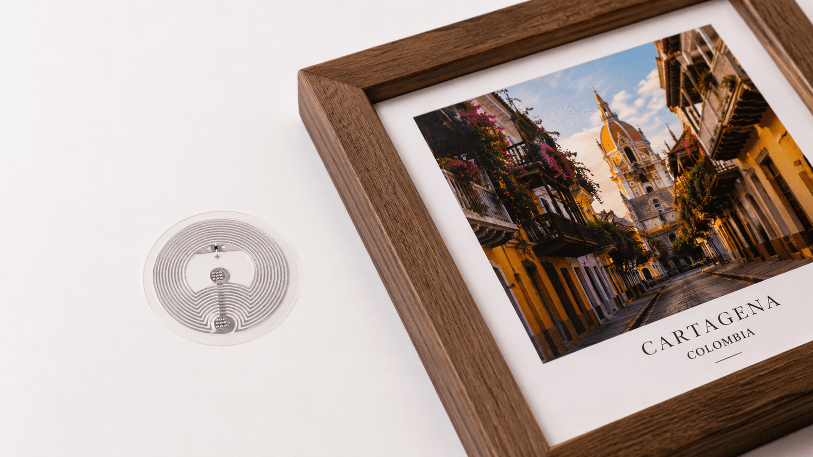 NFC transparent sticker tag on photo frame