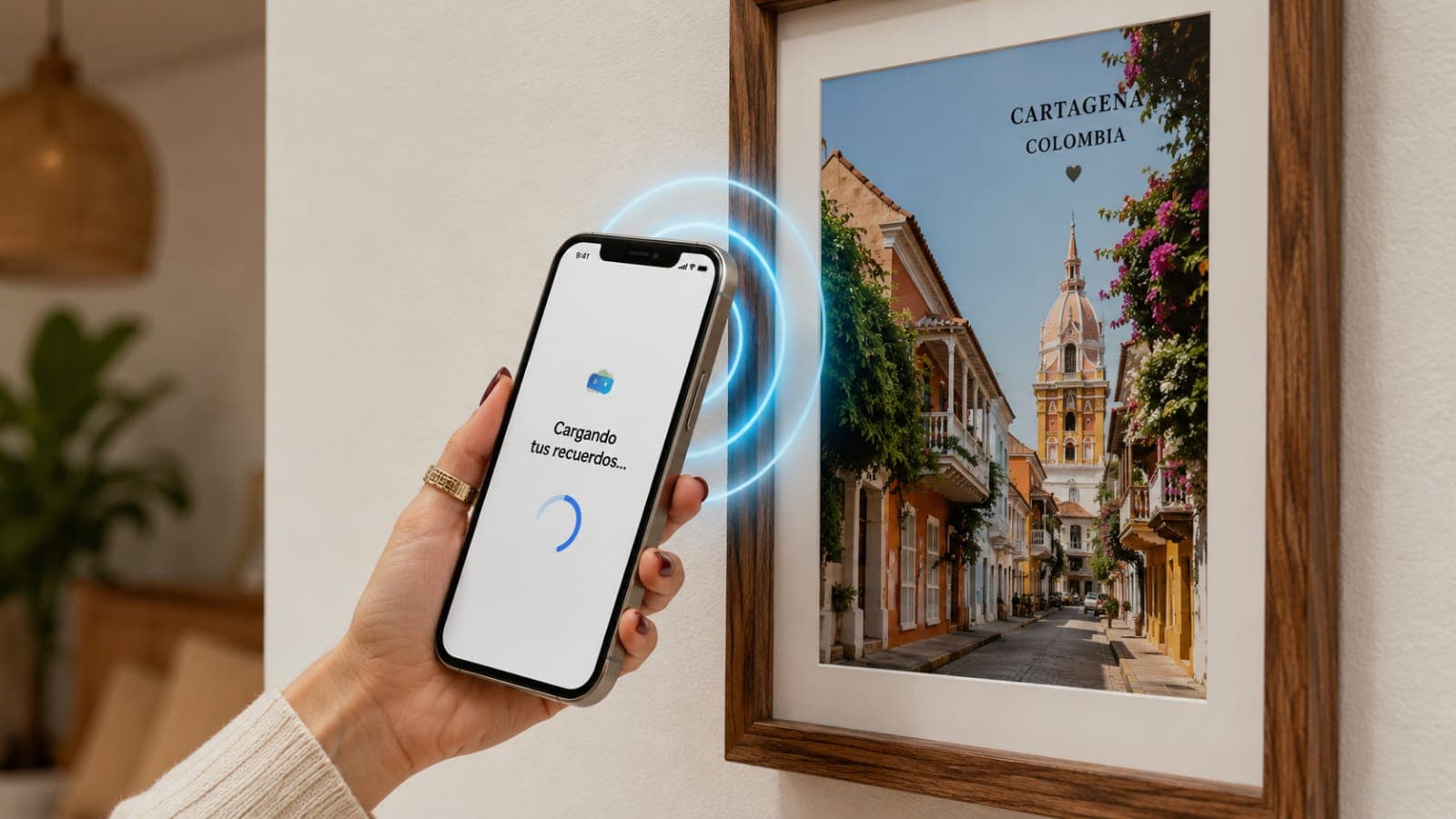 Hand tapping phone to photo frame with NFC glow
