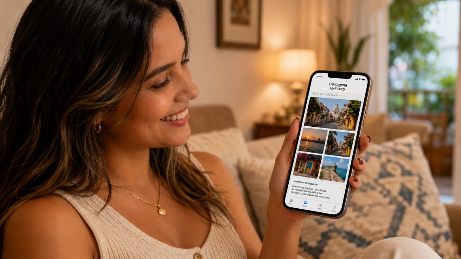 Woman viewing AI-generated digital album on phone